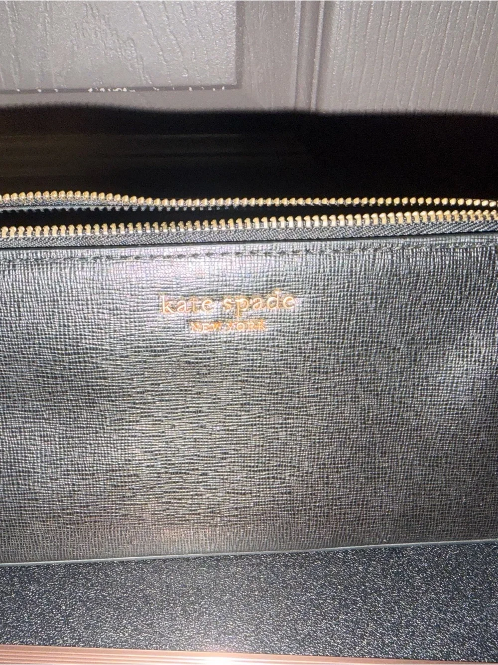 kate spade black zip cosmetic case with gold logo
